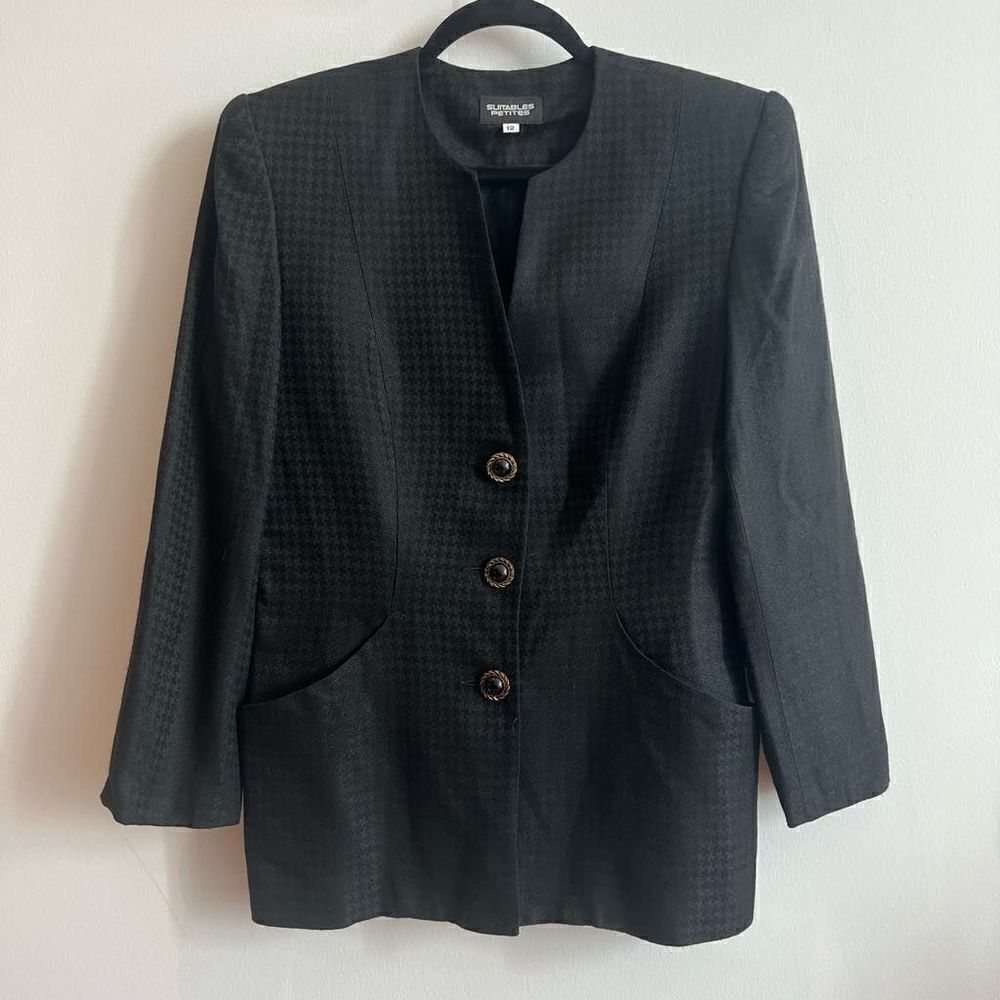Vintage. Suitables Petite Black Minimalist Houndstooth 3 Button Blazer